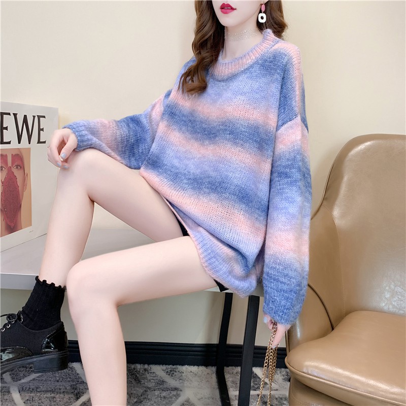 Áo Len Sọc Xanh Free Size Quyên Fashion Áo Nữ Phom Rộng Hàn Quốc Trễ Vai