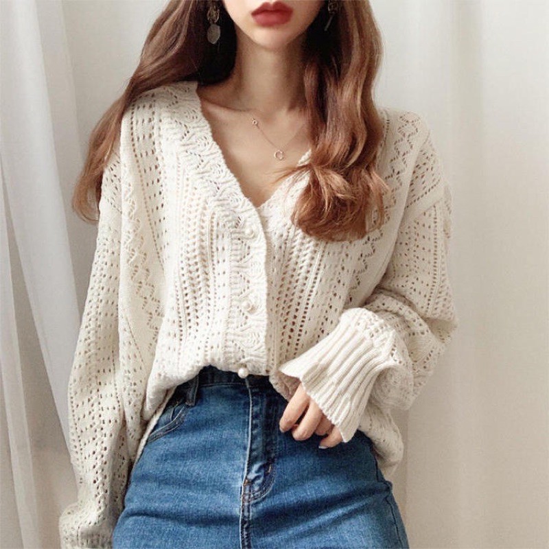 Áo Khoác Cardigan Len Ren Cúc Ngọc Vintage