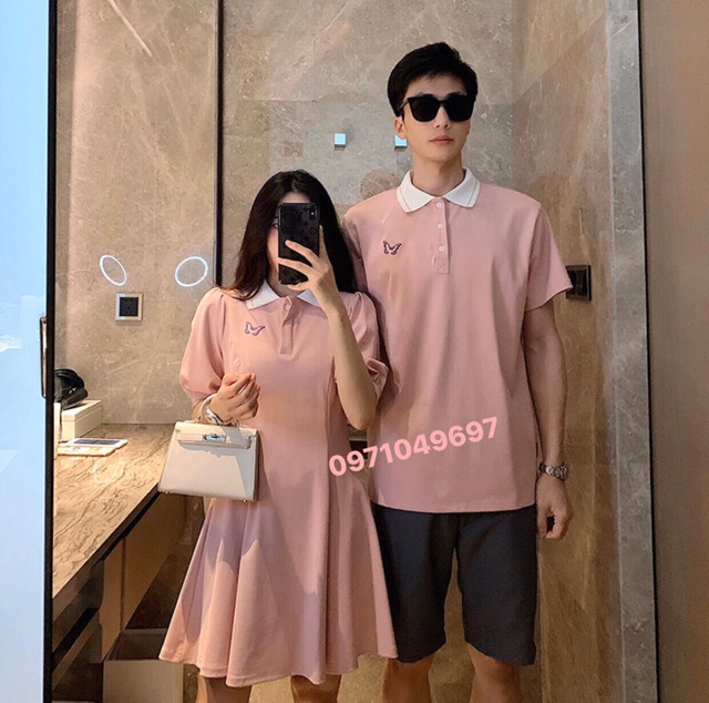 {Có ảnh thật}Váy thun đôi: Váy thun polo thêu bướm + Áo polo nam phối hợp | BigBuy360 - bigbuy360.vn