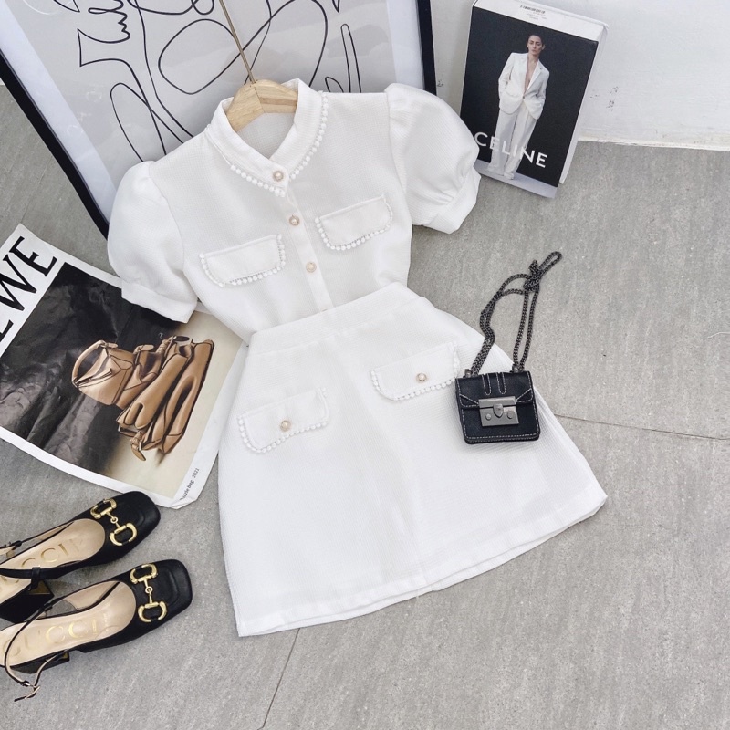 SET ÁO DẠ VIỀN REN CỔ TRỤ + CHÂN VÁY