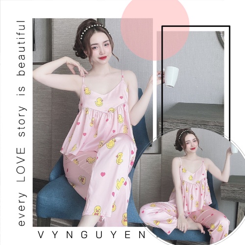 Đồ bộ hai dây tầng họa tiết hoạt hình lụa cao cấp