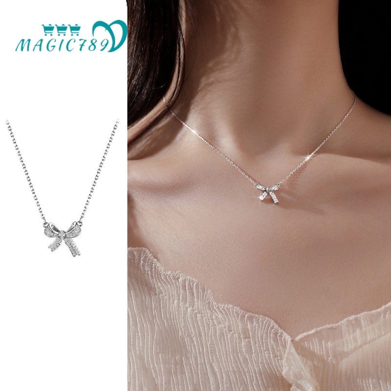 Vòng cổ Bạc s925 Mặt Hình Nơ Đính Đá Pha Lê Magic789