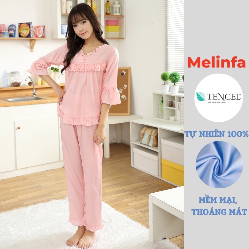 Bộ đồ ngủ nữ cao cấp vải Tencel (gỗ Bạch đàn) mặc không nhăn tự nhiên , Pijama nữ phối ren quần dài mã VABD0196