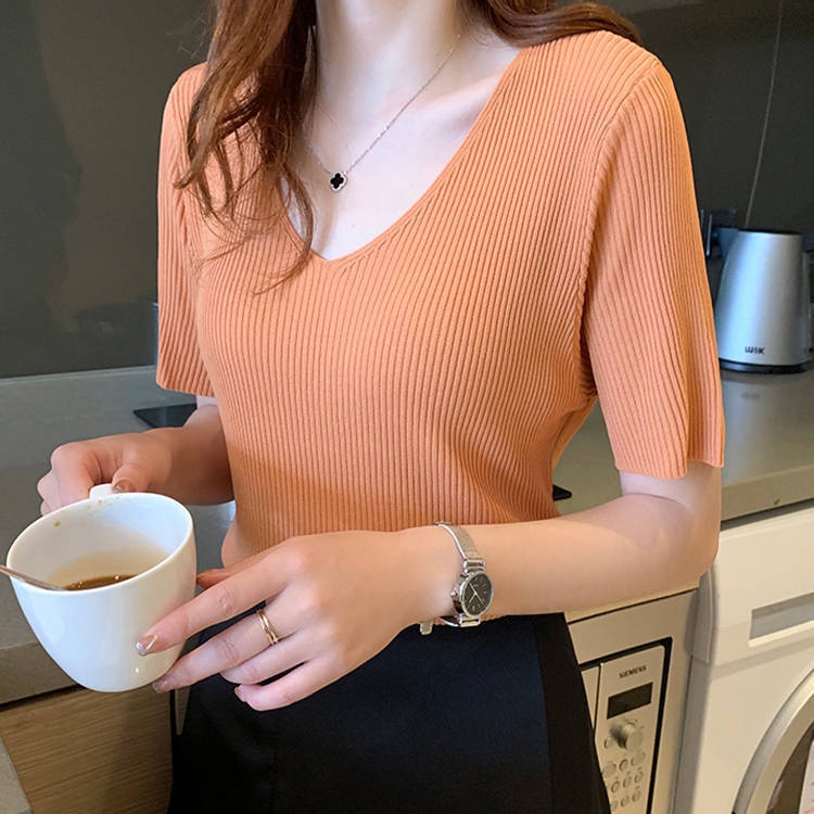 ☞〖Áo sơ mi nữ〗 rộng rãi, mỏng, mỏng, giản dị, hàng dệt kim, tất cả các kết hợp, đồng màu, gợi cảm, lụa băng, cổ chữ V, áo phông ngắn tay