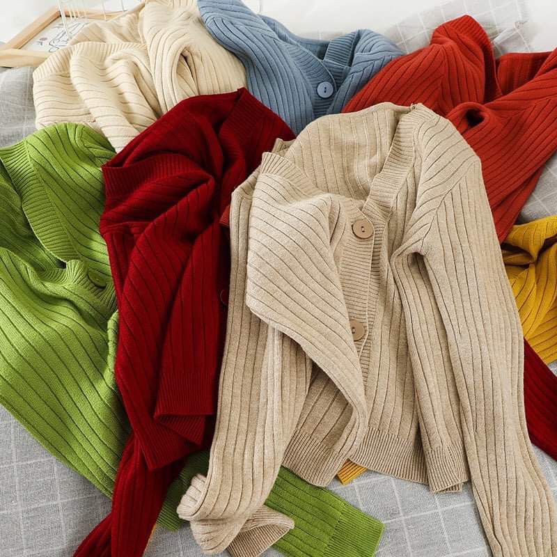 Áo cardigan len gân FOREVER21 khuy giữa tay dài cổ V màu đỏ gạch, trắng