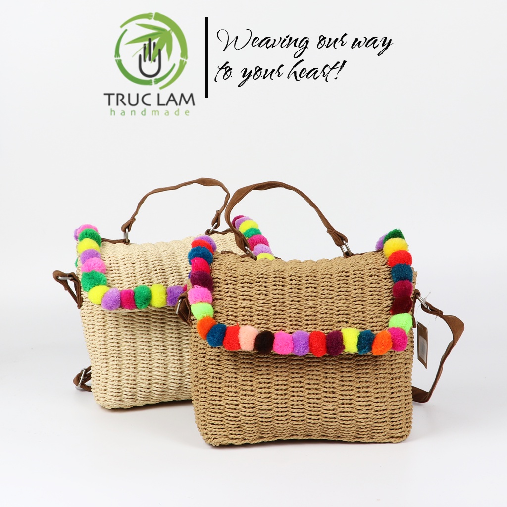 Túi Cói Đeo Chéo Thời Trang Nữ Quai Da Gắn Qủa Bông Nhiều Màu Sắc – Trúc Lâm Handmade