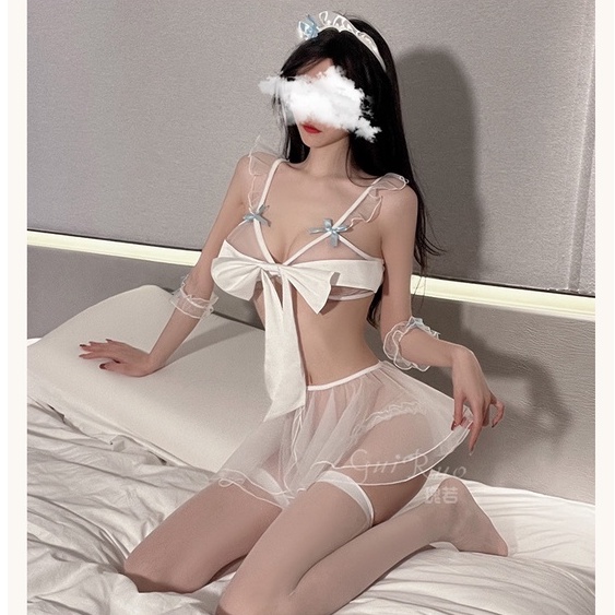 Váy ngủ 2 dây ren xuyên thấu thắt nơ ngực sexy - đồ ngủ nội y gợi cảm đầy đủ phụ kiện