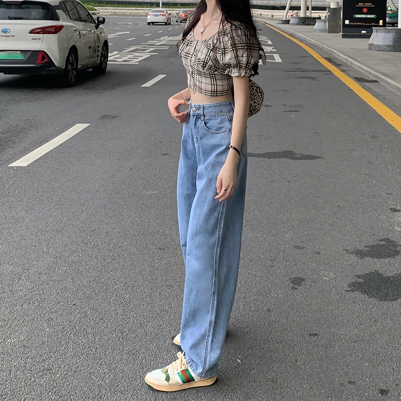 Xiaozhainv Quần jean ống rộng eo cao phong cách trẻ trung cho nữ