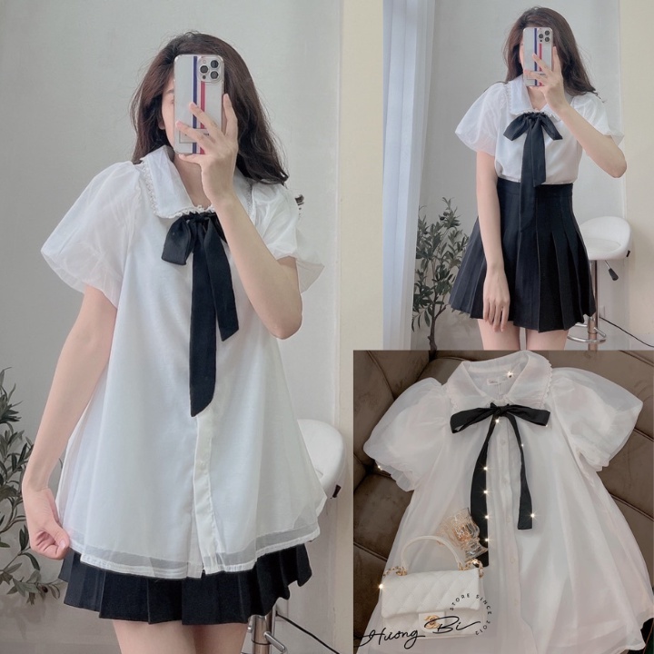Áo babydoll voan cổ bèo viền ren thắt nơ dáng xòe, áo sơ mi kiểu nữ