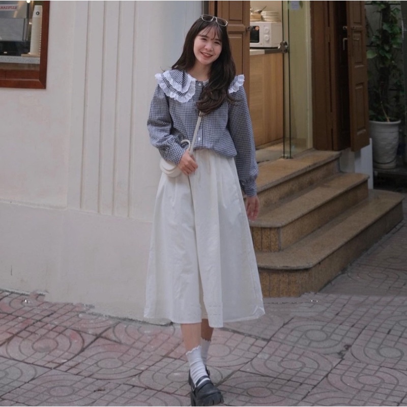 Áo sơ mi cổ ren bản to 2 tầng, áo kiểu Vintage kiểu dáng Hàn Quốc