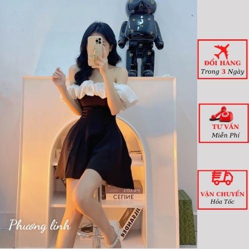 Váy trễ vai nữ viền bèo đen trắng tiểu thư bánh bèo đi tiệc cưới ulzzang Hàn Quốc
