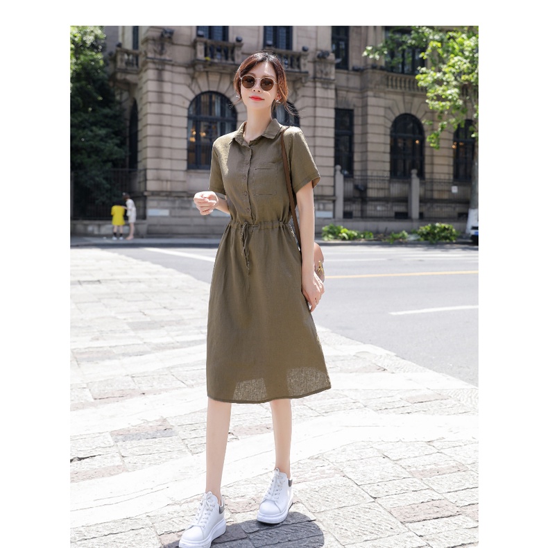 Đầm VÁY SƠ MI dáng suông CỔ ĐỨC 2 túi sườn thiết kế dây RÚT CHUN EO DÁNG VINTAGE