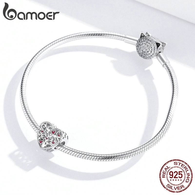 Charm bạc BSC279 tráng men đỏ Bamoer hình trái tim xỏ lắc tay