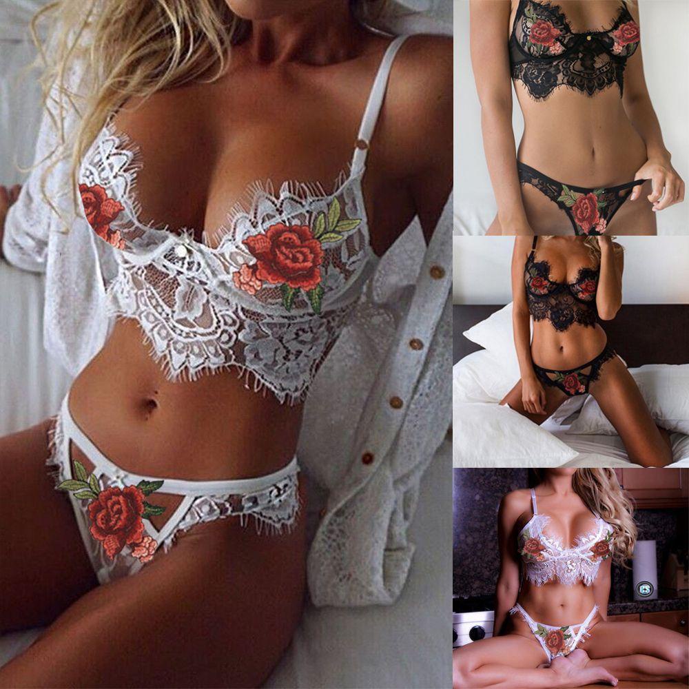 DIACHAVN Áo Ngực Ren Hoa Xuyên Thấu + Quần Lót Lọt Khe Gợi Cảm