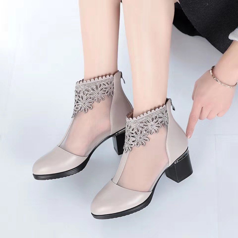 Giày Bốt Da Mềm Gót Dày Phối Lưới Thời Trang Xuân Hè Cho Nữ