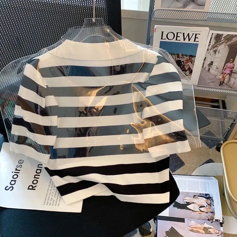 Jiashucheng Áo Thun polo Ngắn Tay Vải Lụa Lạnh Kẻ Sọc Đen Thời Trang Mùa Hè 2023 Cho Nữ