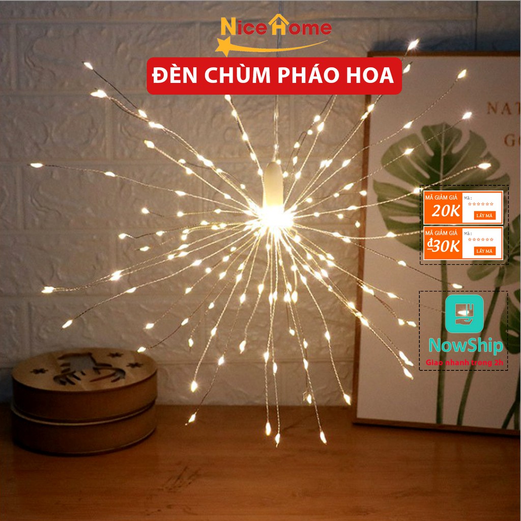 Đèn chùm trang trí hình pháo hoa, đèn led trang trí ánh sáng vàng 8 chế độ có điều khiển tự động