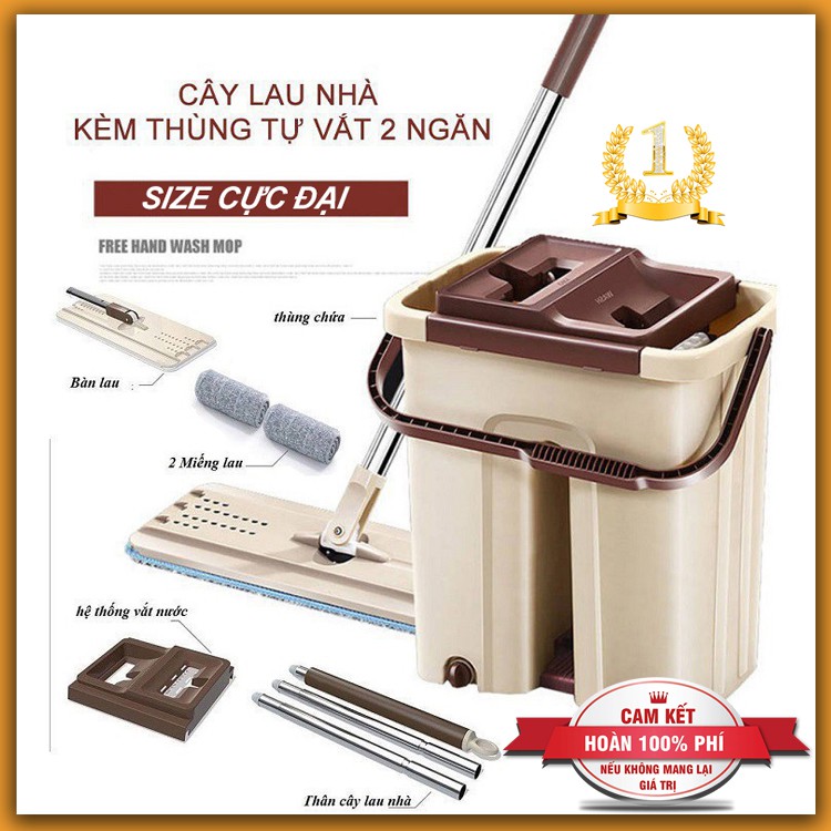 Bộ Cây Lau Nhà, Chổi Lau Nhà Thông Minh Tự Vắt 360 Độ (SIZE ĐẠI) Cao Cấp TẶNG Kèm 2 Miếng Lau Siêu Sạch