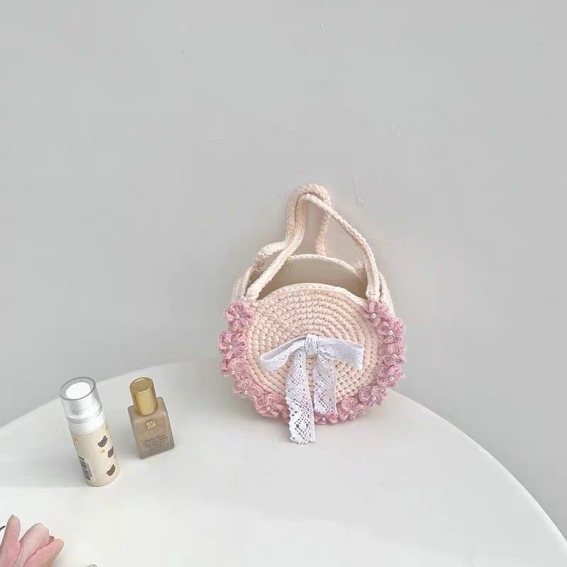 Túi tròn sợi simply cotton, túi len handmade viền hoa nhí vintage CHILLMEOW