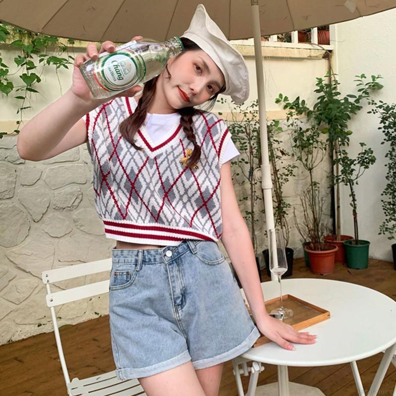 Áo dệt kim sát nách cổ chữ V phối màu sắc tương phản phong cách retro thời trang dành cho nữ