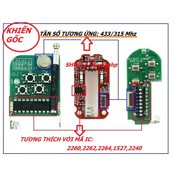 Remote, Chìa khóa, điều khiển cửa cuốn từ xa - kèm pin tần số 433, 315