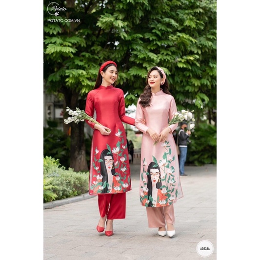 ÁO DÀI GẤM TẾT IN HÌNH CÔ GÁI ĐEO KÍNH HOT NHẤT THỊ TRƯỜNG