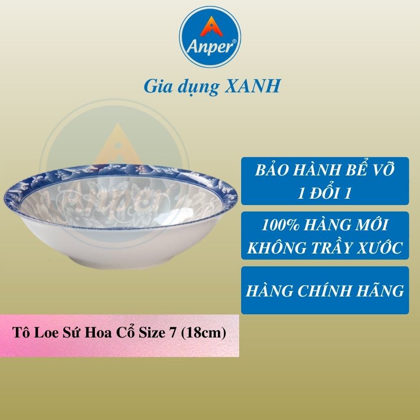 Combo 2 tô sứ 3 bát sứ ANPER dày size 15 18 20 cm ăn cơm gia đình và nhà hàng sang trọng an toàn