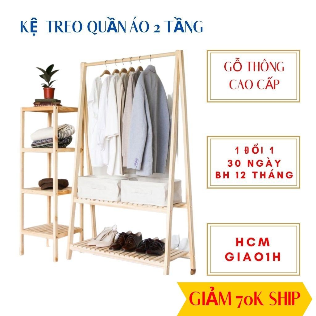 [Mã LIFE50KALL giảm 10% đơn 200K] Kệ giá treo quần áo chữ A 2 tầng Gỗ thông cao cấp nhập khẩu GT1