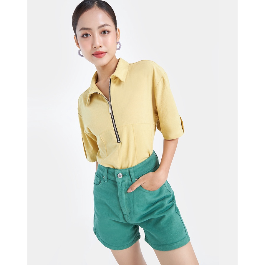 Áo Kiểu Nữ Thời Trang JUNO Cổ Sơ Mi Vạt Bầu Dây Kéo Kim Loại JNAKI006