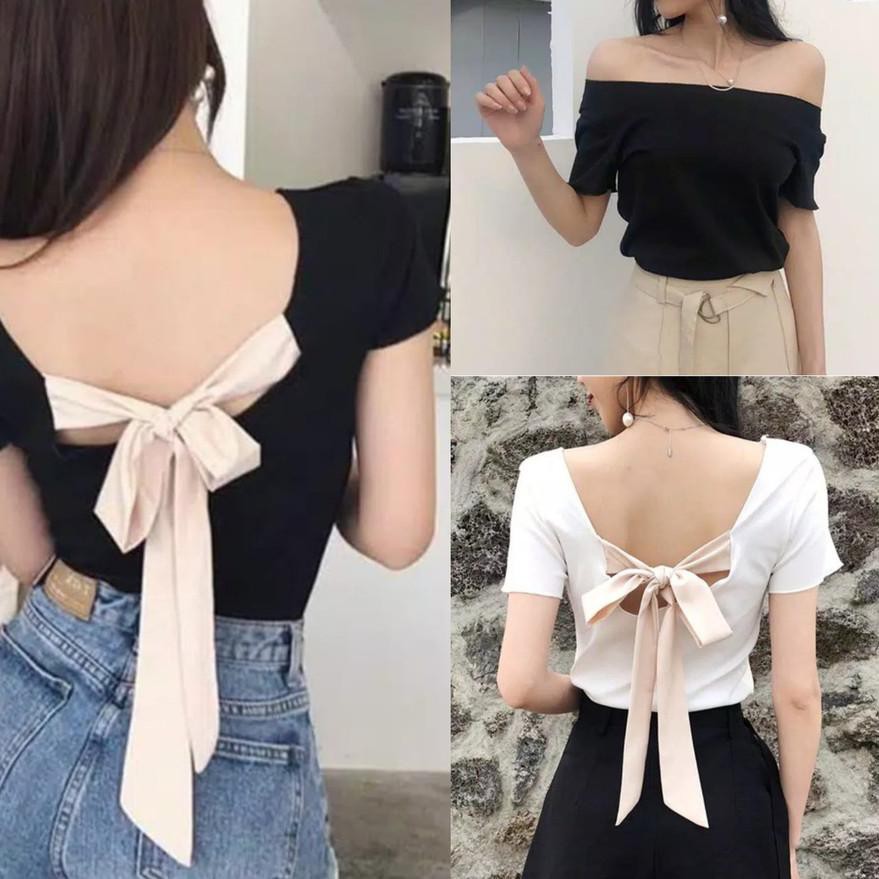 Áo Thun Cột Nơ Hở Lưng Phong Cách Hàn Quốc Size 1235 (xs-xl)