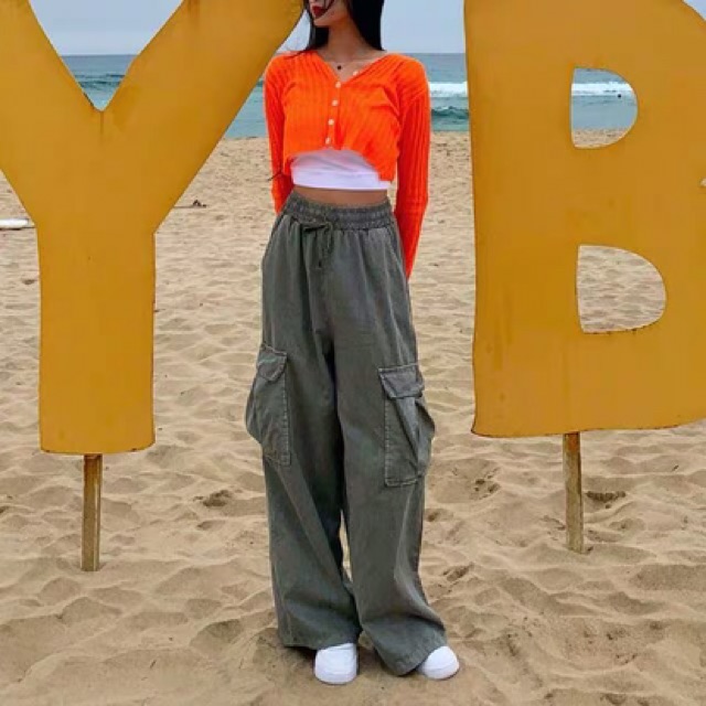 Quần kaki ống rộng túi hộp màu xanh rêu /đen cạp chun dây rút oversize unisex hiphop Ulzzang siêu chất