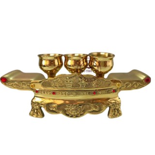 Khay 3 chén. Kỷ. bằng đồng vàng nguyên chất, ly chén trơn. Đồ thờ cúng bằng đồng