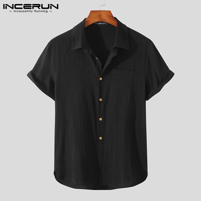 Áo sơ mi INCERUN ngắn tay cổ bẻ cotton thời trang cho nam