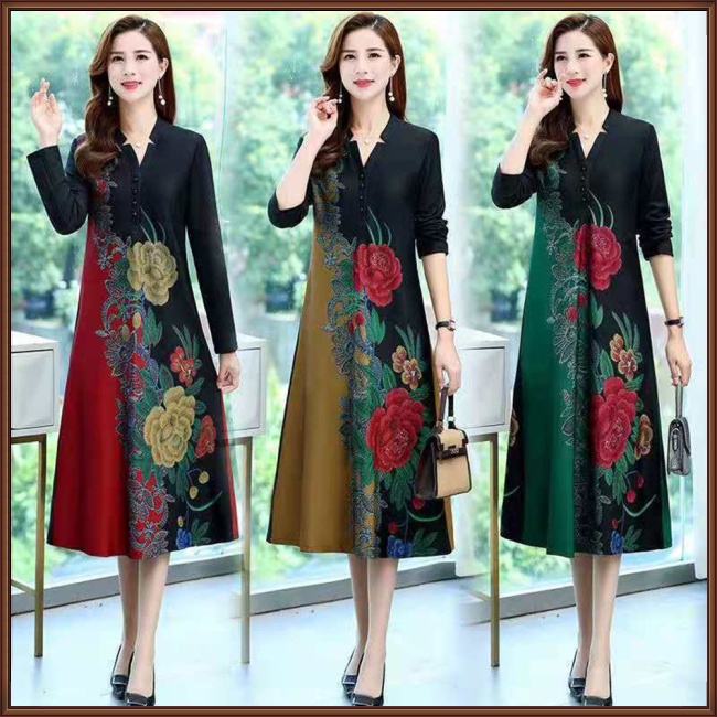 Đầm Dài Qua Gối Cổ Chữ V Tay Dài In Họa Tiết Hoa Phong Cách Cổ Điển Dành Cho Nữ