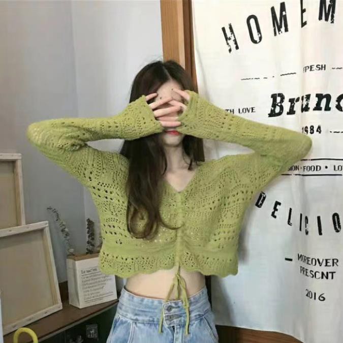 Áo Croptop Dệt Kim Tay Dài Cổ Chữ V Phong Cách Hàn Quốc Đẹp '