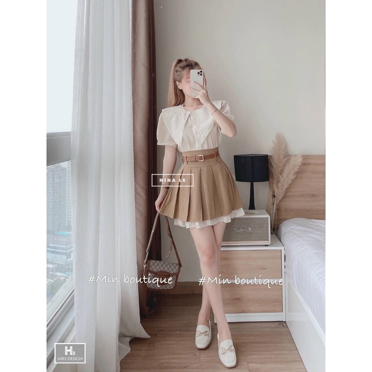 (Mẫu Mới) Sét Áo Cổ Bè Chân Váy Xếp Ly Kèm Dây Nịt Siêu HOT UP hhp