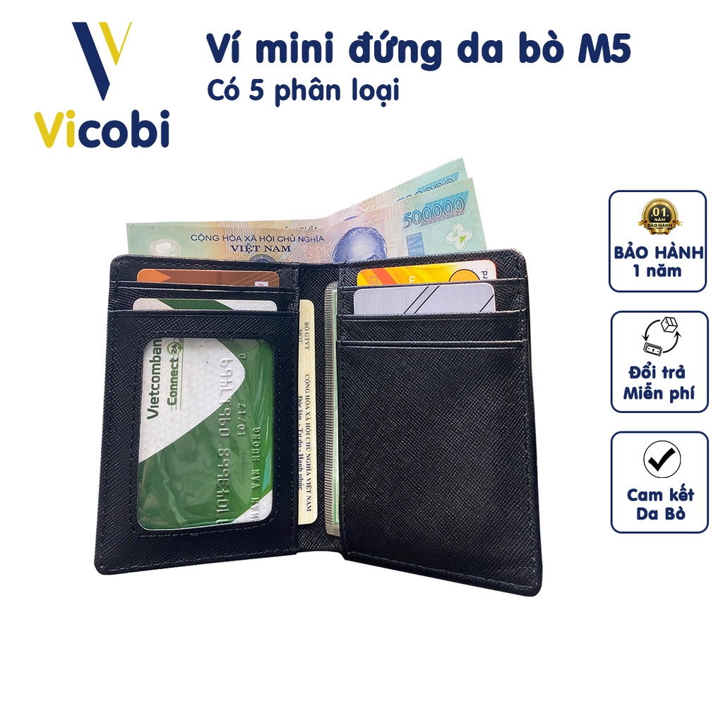 8.8 Ví mini đứng Da Bò Vicobi M5,nhỏ gọn gập đôi đựng thẻ kích thước 8,5cm x 11cm