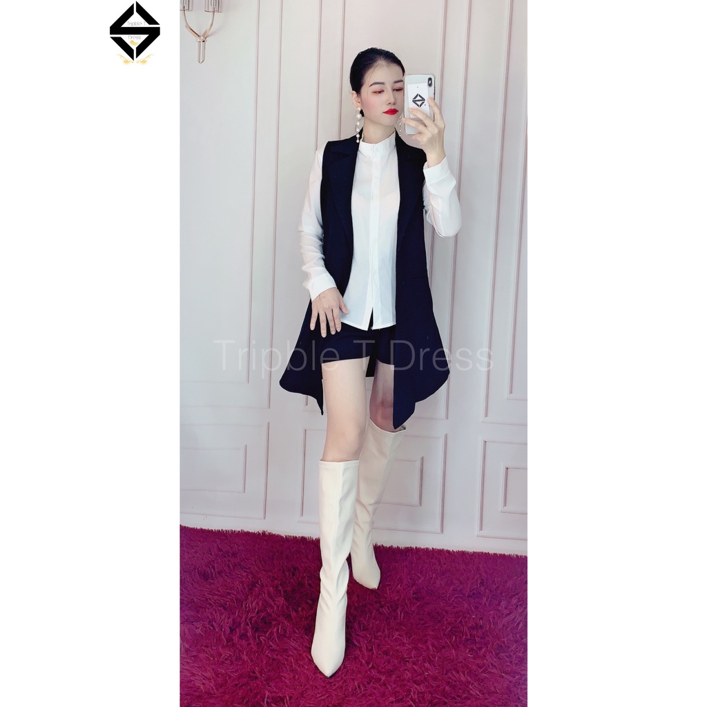 Sét vest 3 món áo sơ mi voan tay dài + sort và khoác gile như hình TRIPBLE TDRESS - size M/L/XL