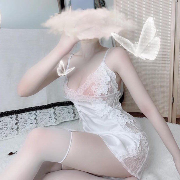 Váy ngủ lụa sexy hai dây phối ren hông gợi cảm Màu Trắng và hồng  kèm hình thật khách mặc (sẵn )