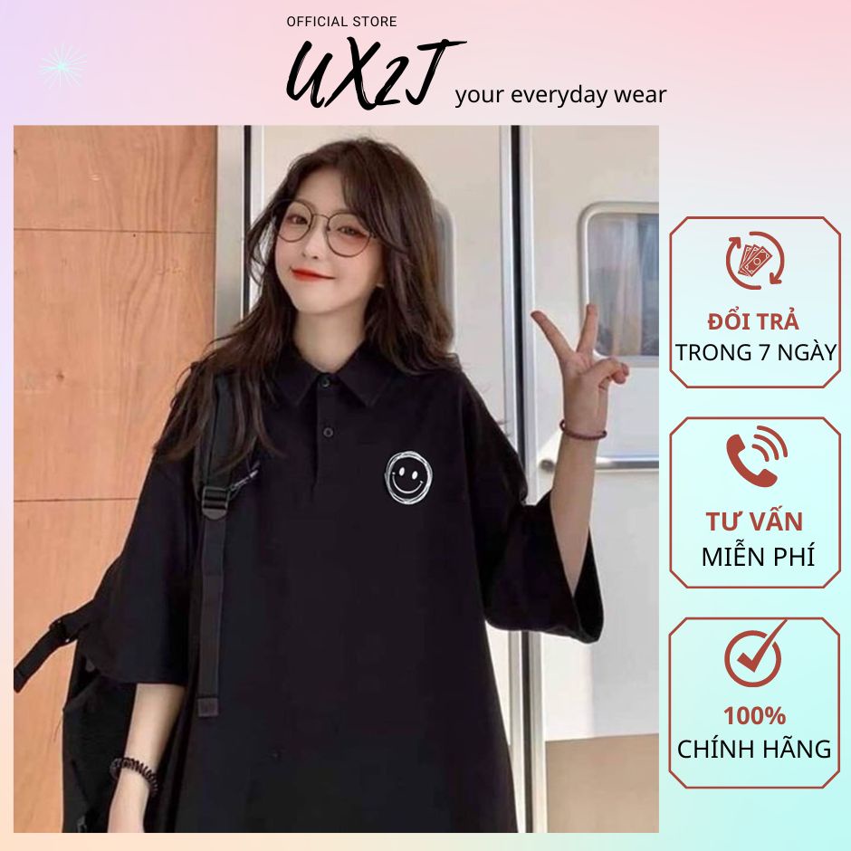 Áo polo tay lỡ nam nữ có cổ form rộng áo thun polo oversize in Mặt cười cotton giá xưởng UnisexShop222