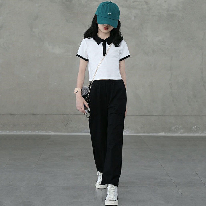 Hàng Có Sẵn 24 Giờ] Bộ Đồ Thể Thao Áo Thun Cotton Quần Ống Rộng Phong Cách Phương Tây Mùa Hè Cho Bé Gái 3-5-8-10-12 Tuổi/070