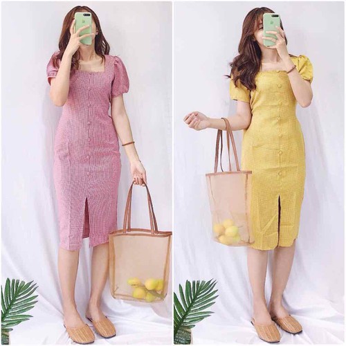 ĐẦM SUÔNG CARO ĐÍNH NÚT DÂY THẮT BÊN HÔNG