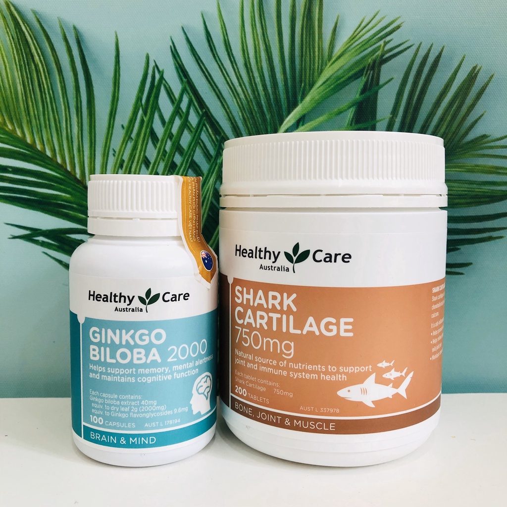 Combo Viên Uống Bổ Não Healthy Care Ginkgo Biloba 100 Viên Và Viên Uống Khớp Healthy Care Shark Cartilage 750mg 200 viên