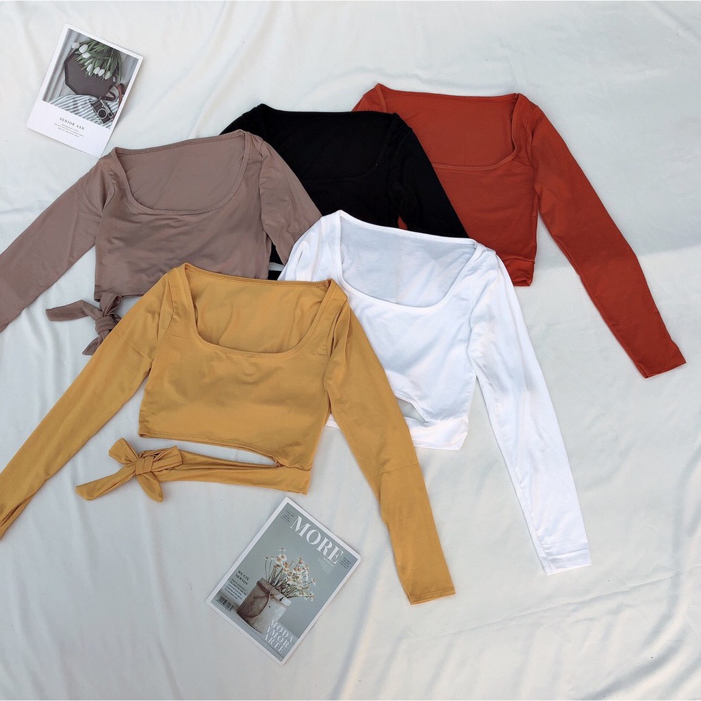 Áo cổ vuông tay dài phối cột nơ eo