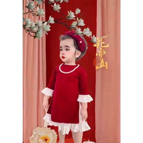 sét áo dài nhung 4 món cho bé ( áo- chân váy- cài tóc và dây chuyền)
