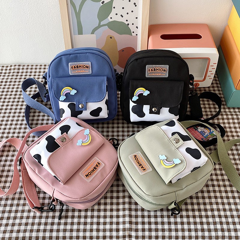 Túi Đeo Chéo Đựng Điện Thoại Kiểu Vuông Nhỏ Chất Liệu Nylon Họa Tiết Bò Sữa Cho Nữ