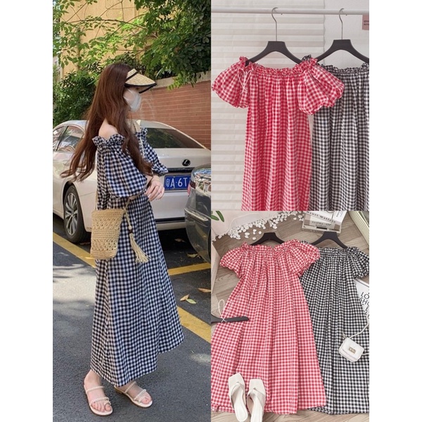 Váy trễ vai Caro viền bèo tay bồng, Đầm trễ vai caro - Dorita Boutique