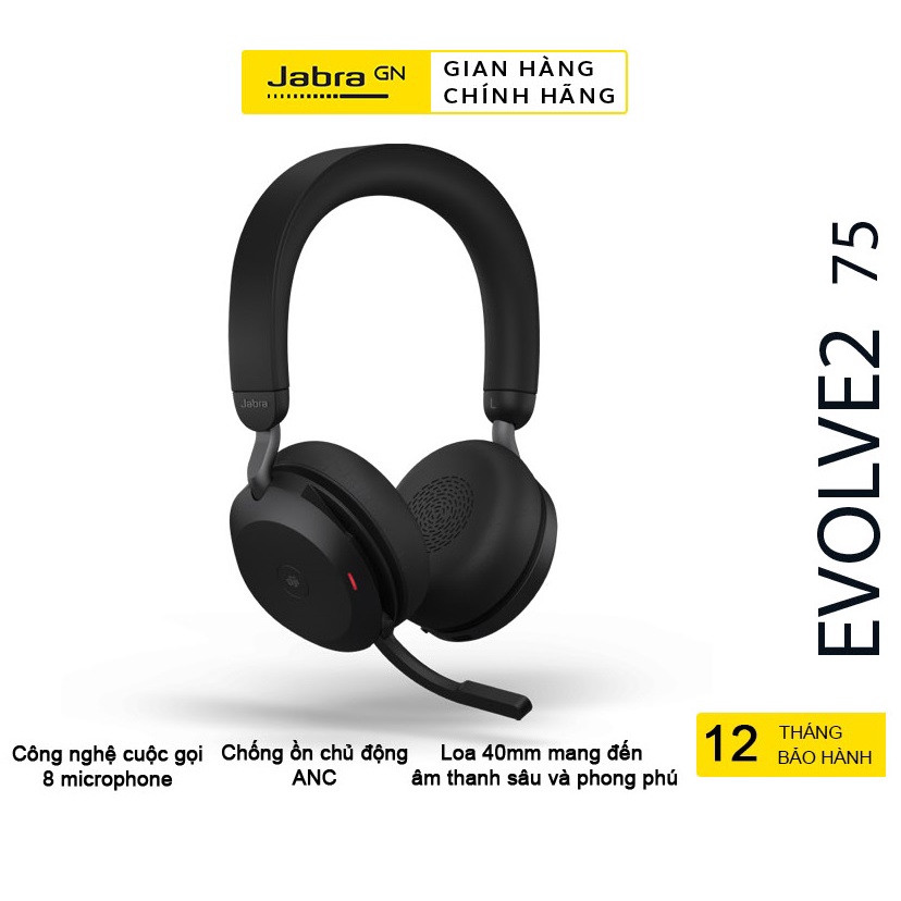 Tai Nghe Chụp Tai Micro Jabra EVOLVE2 75 Chống Ồn ANC Kết nối Bluetooth Hàng Chính Hãng