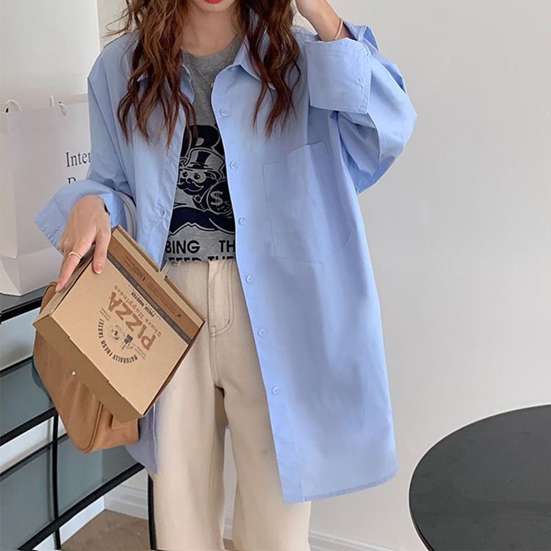 Áo sơ mi IELGY dài trung bình dáng rộng có túi phong cách Hàn Quốc thời trang cho nữ