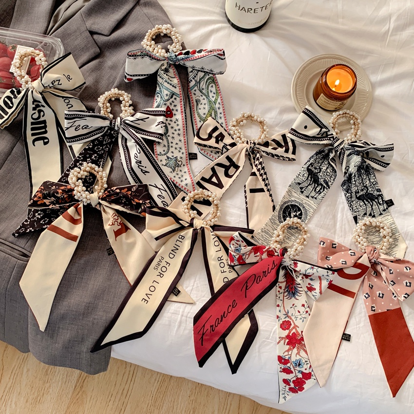 Dây buộc tóc kiểu khăn choàng cổ thắt nơ đính ngọc trai nhân tạo dễ thương cho nữ